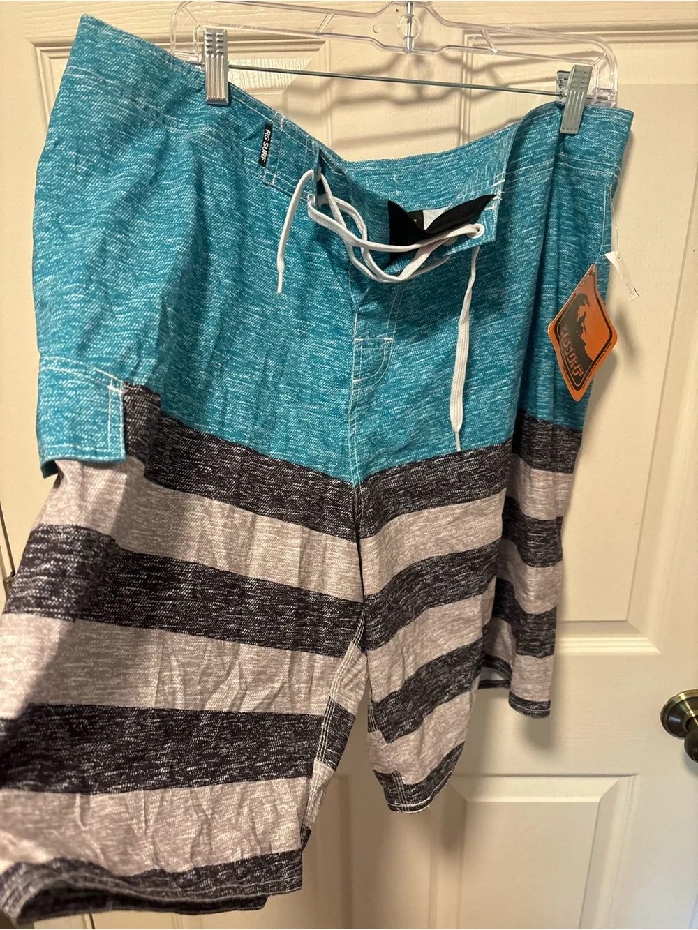 Men's Teal and Gray Striped Swim Trunks Size 38